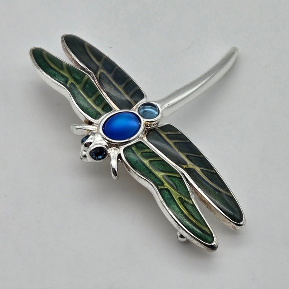 Monet Jewelry - Monet Dragonfly Brooch Pin Green Blue Enamel Silver Tone‎ Vintage Signed